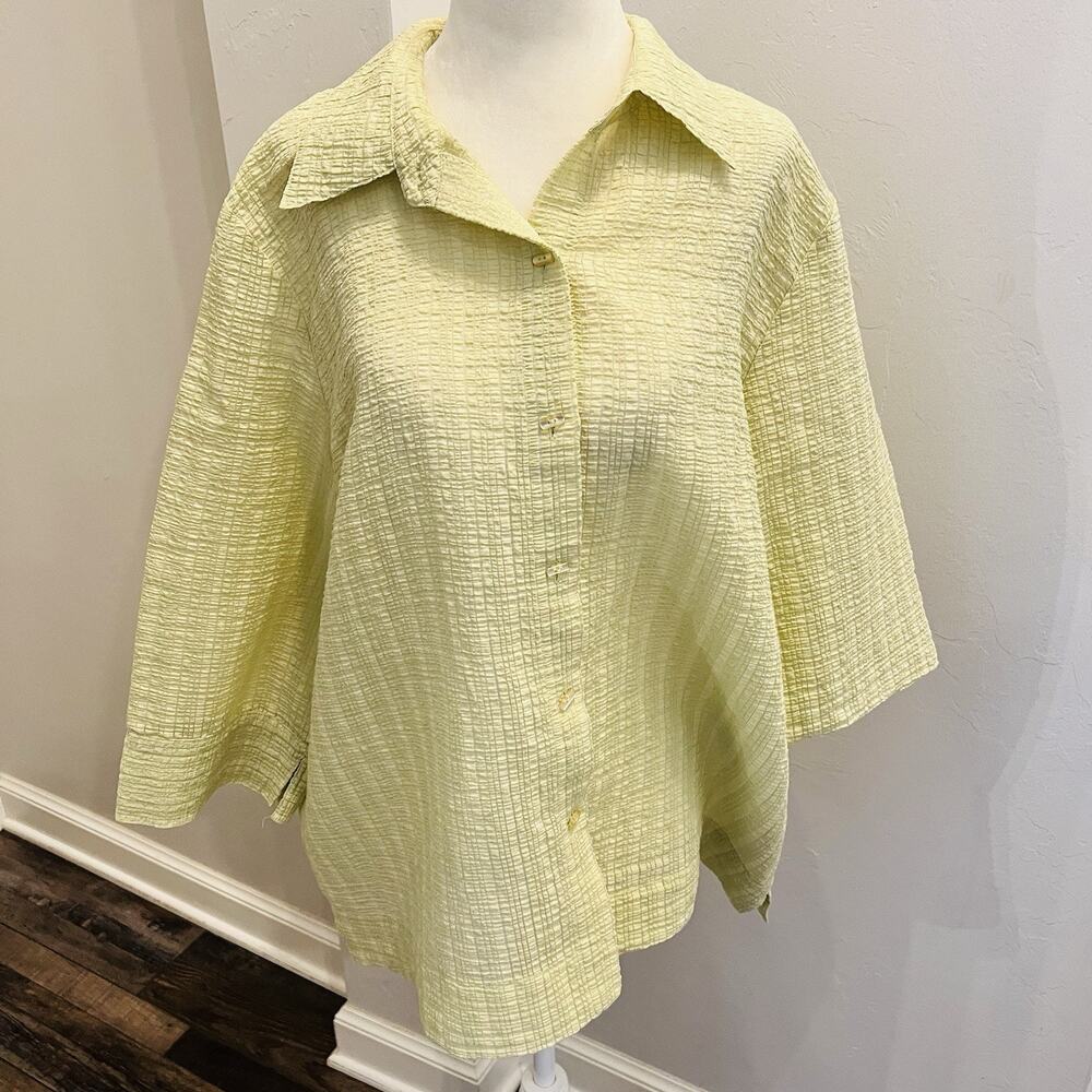 Ruby Rd Women’s 18W 3/4 Sleeve Button Up Crinkle Textured Blouse Lime (A0131)